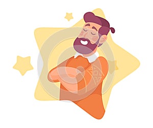 Ego with Self Confident Bearded Man Character with Folded Arms Vector Illustration