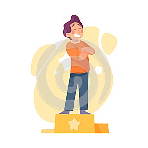 Ego with Self Confident Boy Character with Folded Arms Stand on Pedestal Vector Illustration