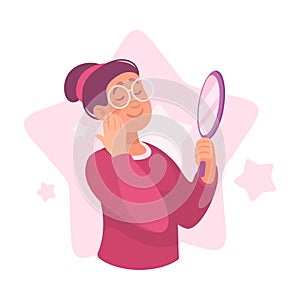 Ego with Self Confident Woman Character Look in Mirror Vector Illustration