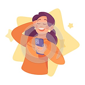 Ego with Self Confident Woman Character Take Selfie with Smartphone Vector Illustration