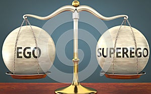 Ego and superego staying in balance - pictured as a metal scale with weights and labels ego and superego to symbolize balance and