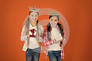 Egocentric princess. Kids wear golden crowns symbol princess. Every girl dreaming become princess. Little princess photo