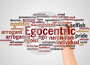 Egocentric word cloud and hand with marker concept photo