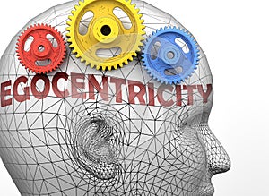 Egocentricity and human mind - pictured as word Egocentricity inside a head to symbolize relation between Egocentricity and the photo