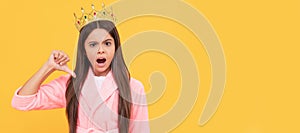 egoistic teen girl in home terry bathrobe and princess crown, egoism. Child queen princess in crown horizontal poster