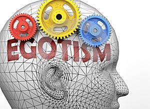 Egotism and human mind - pictured as word Egotism inside a head to symbolize relation between Egotism and the human psyche, 3d