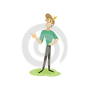 Egotistical modern prince in casual clothes and golden crown, funny young man comic character cartoon vector photo