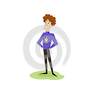 Egotistical modern prince with golden crown on his sweater, funny young man comic character cartoon vector Illustratio