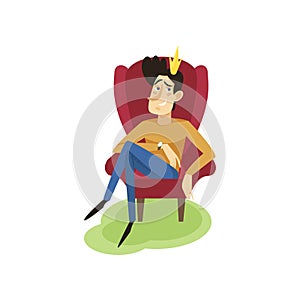 Egotistical modern prince sitting on a throne, funny young man comic character cartoon vector Illustration