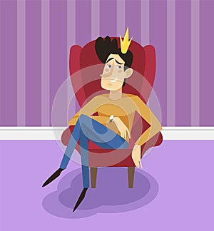 Egotistical modern prince sitting on a throne, funny young man comic character posing on the background of living room photo