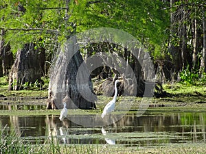 egret and ibis in the cypress swamp