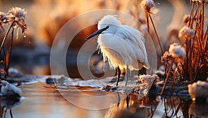 Egret wading in tranquil pond, reflecting natural beauty at sunset generated by AI