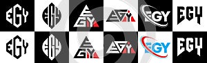 EGY letter logo design in six style. EGY polygon, circle, triangle, hexagon, flat and simple style with black and white color