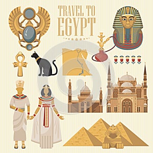 Egypt amazing advertising vector set. Egyptian traditional icons in flat design. Holiday banner. Vacation and summer.