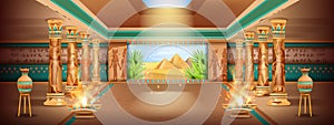 Egypt ancient temple background, pharaoh pyramid interior design, vector palace illustration, column.