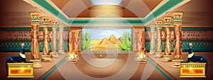 Egypt ancient temple background, vector palace illustration, column, pharaoh pyramid interior design.