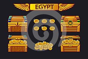 Egypt antique treasure chest and golden coins