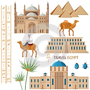 Egypt architecture and symbol elements set Vector. Famous city architecture, camel, palm tree and ornaments national styles