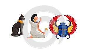 Egypt Attribute with Cat Figurine and Scarab Beetle Vector Set