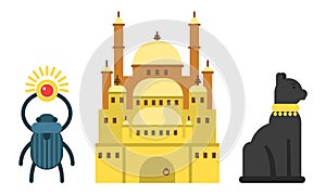 Egypt Attributes with Scarab Beetle and Ancient Building Vector Set