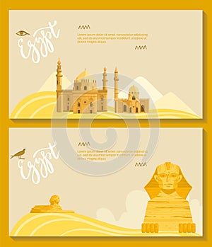 Egypt banner, tourism background, sphinx desert, africa, culture, vacation, design, in cartoon style vector illustration