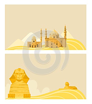 Egypt banner, tourism background, sphinx desert, africa, culture, vacation, design, in cartoon style vector illustration