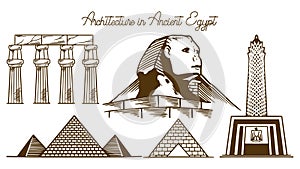 Egypt buildings set sketch vector illustration. Hand drawn ancient architectural temple and statue