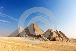 Egypt. Cairo - Giza. General view of pyramids from the Giza Plateau three pyramids known as Queens Pyramids on front