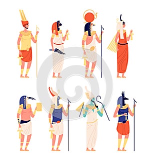 Egypt characters. Ancients egyptian god, old culture goddess. Osiris horus anubis statues, cartoon historical symbols