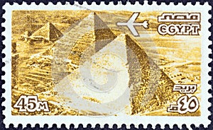 EGYPT - CIRCA 1978: A stamp printed in Egypt shows the Three Pyramids at Giza, circa 1978.