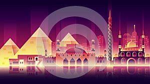 Egypt city night neon style architecture buildings town country travel