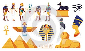 Egypt collection. Ancient Egyptian gods or mythology sacral creatures. Sphinx and pyramid. Stone sculptures. Religion