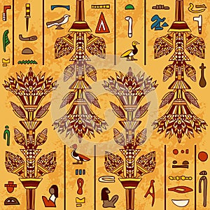 Egypt colorful ornament with ancient Egyptian hieroglyphs on aged paper background, .