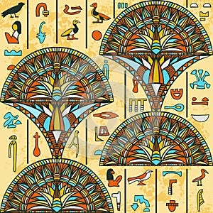 Egypt colorful ornament with ancient Egyptian hieroglyphs on aged paper background,.