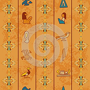 Egypt colorful ornament with ancient Egyptian hieroglyphs on aged paper background,.