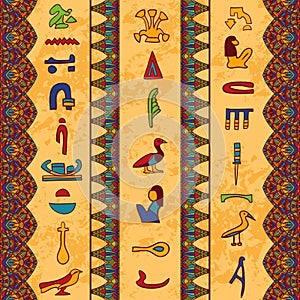 Egypt colorful ornament with ancient Egyptian hieroglyphs and floral geometric ornament border on aged paper background.