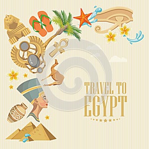 Egypt colorful vector with pyramids. Egyptian traditional icons in flat design. Vacation and summer