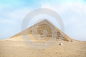 Egypt. Dahshur or Dashur. Red Pyramid of Pharaoh Sneferu and fragment of the Bent Pyramid with retained of its original limestone