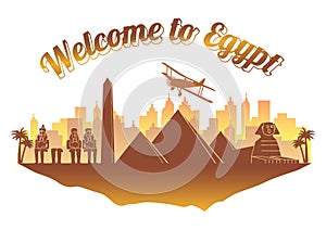 Egypt famous landmark silhouette style on float orange and brown color island  country name text,travel and tourism