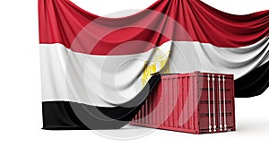 Egypt flag draped over a commercial trade shipping container. 3D Rendering