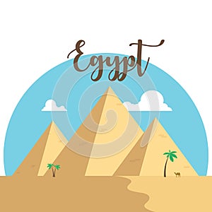 Egypt flat design pyramids. Desert famous ancient camel palms