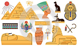 Egypt flat elements, sculpture and egyptian building pyramids. Oasis landmark monuments, historical ancient pharaon and