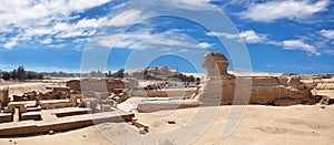 Egypt is a full panoramic view of the Sphinx in Giza.