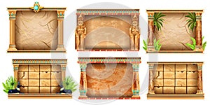 Egypt game frame vector set, stone ancient UI background kit, Egyptian clay pillar, pharaoh statue.