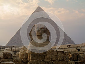 Egypt. Giza valley. Sphinx, and pyramid on the background.