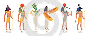 Egypt gods. Ancient authentic characters fairytale history sculptures pharaon jackal anubis birds osiris isis exact