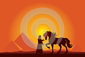 Egypt Great Pyramids with silhouette of Bedouin and horse on sun