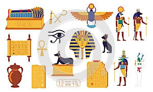 Egypt hieroglyphs. Cartoon Egyptian culture elements. Ancient graves of pharaohs, mythological gods, lettering on stone tablets