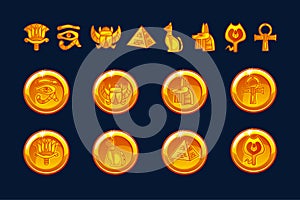 Egypt icons coins and design elements isolated. Collection of ancient Egypt icons - pyramid, scarab, cat, Sphinx, eye