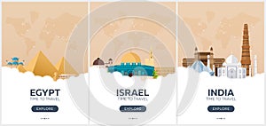 Egypt, Israel, india. Time to travel. Set of Travel posters. Vector flat illustration.